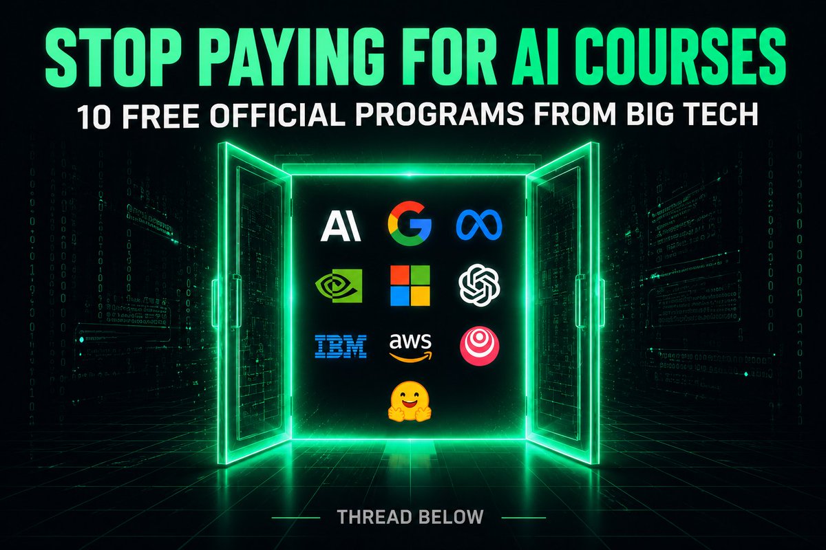 sequencetraders's tweet photo. Stop paying for AI courses.

Some major tech companies are already offering everything for free. 

Not YouTube compilations, not $999 courses recorded with a webcam.

Anthropic → https://t.co/BDdghOEHvP
OpenAI → https://t.co/AgET8Na3hM
NVIDIA → https://t.co/N2BYc5jKdF
Google → https://t.co/N9lerMk7aq
Meta → https://t.co/QMBG0tKV26
Microsoft → https://t.co/IGdZ5DloKO
IBM → https://t.co/2mYT0ZpCoD
AWS → https://t.co/TeARPQq9IX
DeepLearning AI → https://t.co/XmqViORM3s

Is this information helpful?