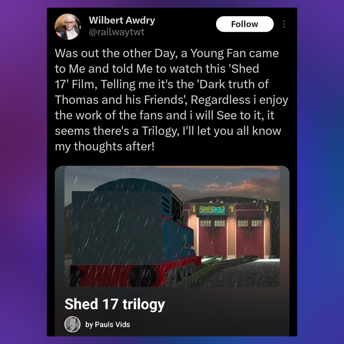 PopSodor's tweet photo. BREAKING:

Wilbert Awdry has reportedly found out about 'Shed 17'.

(Via @railwaytwt) https://t.co/yn1bnNzv2B
