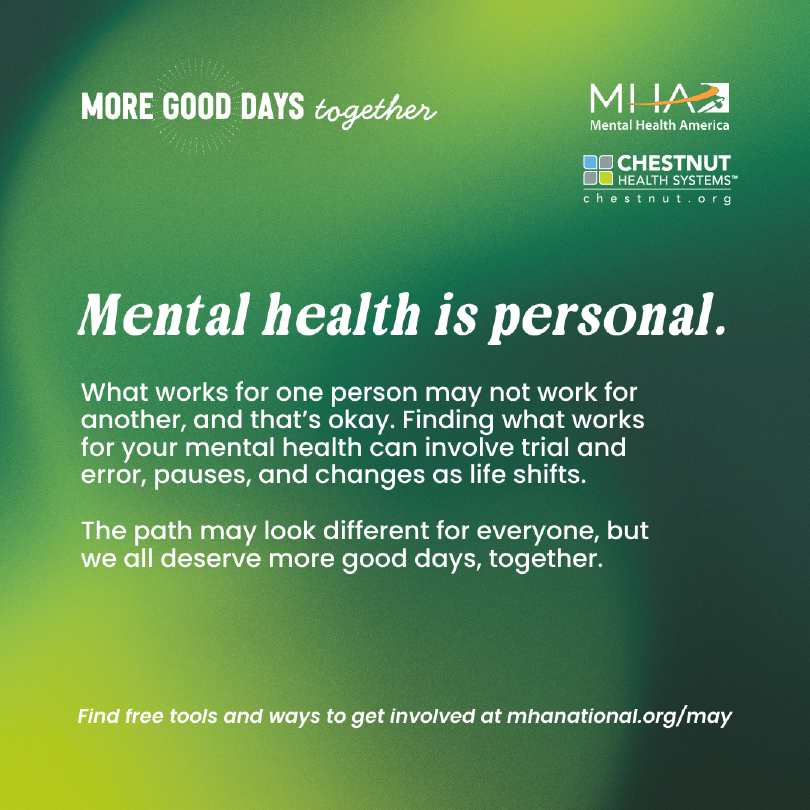ChestnutHealth's tweet photo. As Mental Health Awareness Month comes to an end, let’s remember: every day is an opportunity to prioritize mental well-being. 💚 

For mental health resources and support, visit https://t.co/F70JhISZmK or call 888.924.3786. https://t.co/xaugaOcIS5