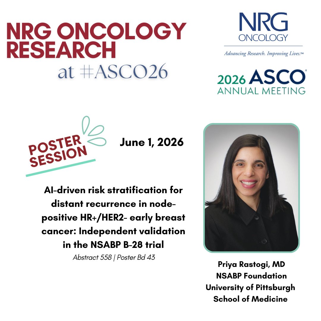 NRGonc's tweet photo. Tomorrow at #ASCO26, Dr. Rastogi discusses legacy NSABP B-28 study during a poster session. B-28 was a randomized trial comparing the worth of paclitaxel following doxorubicin/ cyclophosphamide in patients with #breastcancer and who had positive axillary nodes. @NSABPFoundation https://t.co/RAduEZtSQH