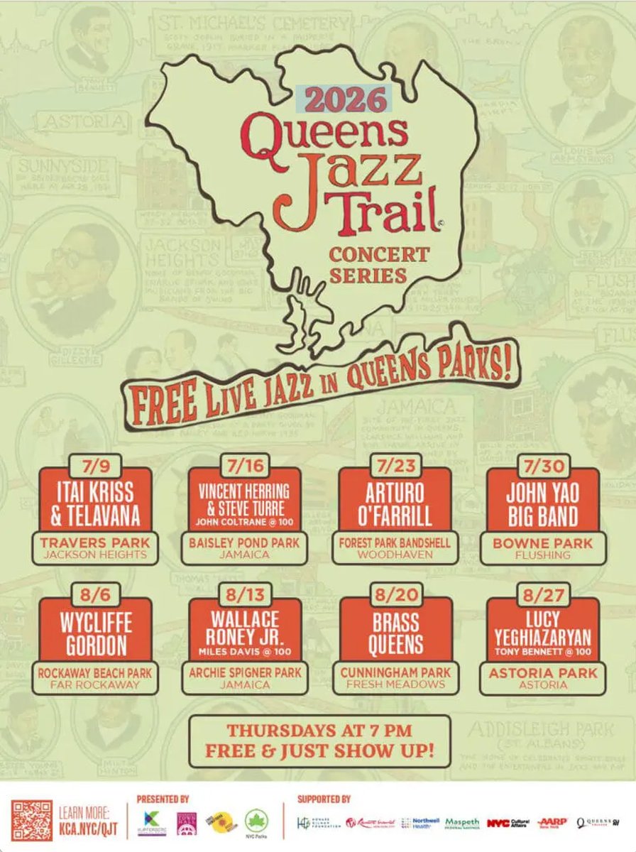 QCToday's tweet photo. The Queens Jazz Trail Concert Series will return this summer, offering free programs in borough parks on consecutive Thursday evenings, July 7 through August 27. 🎷 🎶
Read more in #TheQView: https://t.co/pxSAByUg3E https://t.co/xEpdNzlvbv