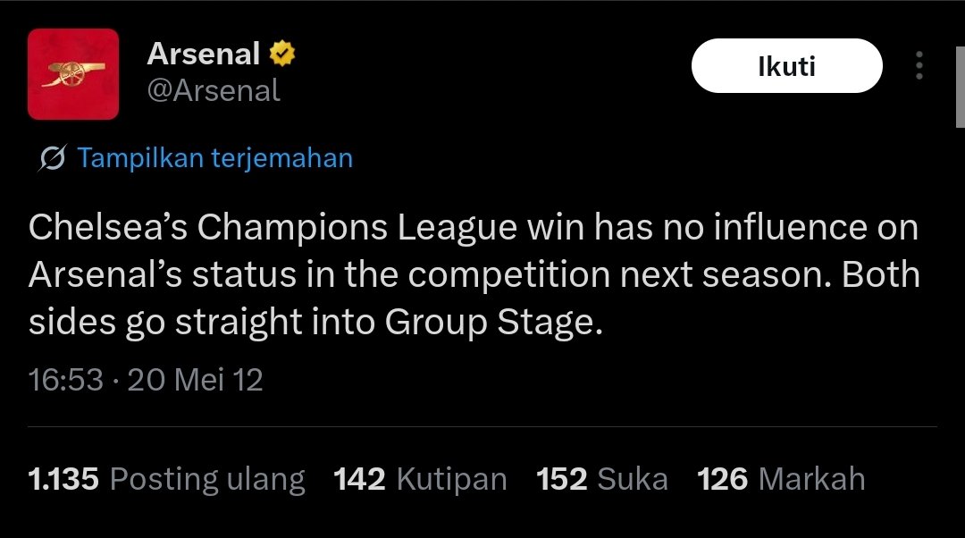 indramoN_'s tweet photo. @The_RedsIndo Di tahun 2012 pas chelsea juara champions. Seperti ini admin arsenal. Dan dia bilang norak??? Mungkin 2012 dia masih jadi fans PS TNI 😂 https://t.co/6tMrKNkLuH
