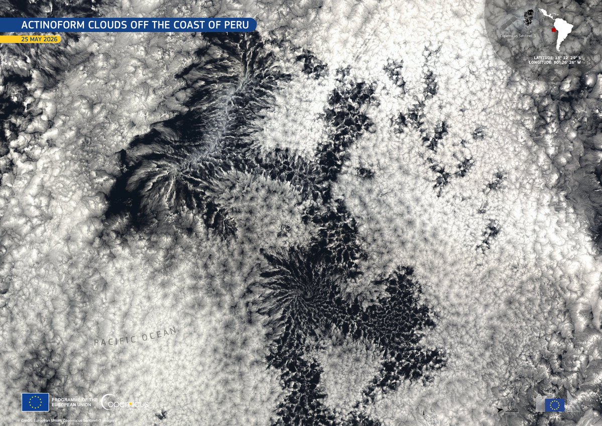 CopernicusEU's tweet photo. ☁️ Giant flower-like cloud patterns over the Pacific Ocean 🇵🇪 captured by #CopernicusEU Sentinel-3.

🛰️ These rare actinoform clouds form within marine cloud layers through interactions between moisture, wind and temperature.

🔗 https://t.co/QK1slf651R

#ImageOfTheDay https://t.co/pZZw8G3tkA