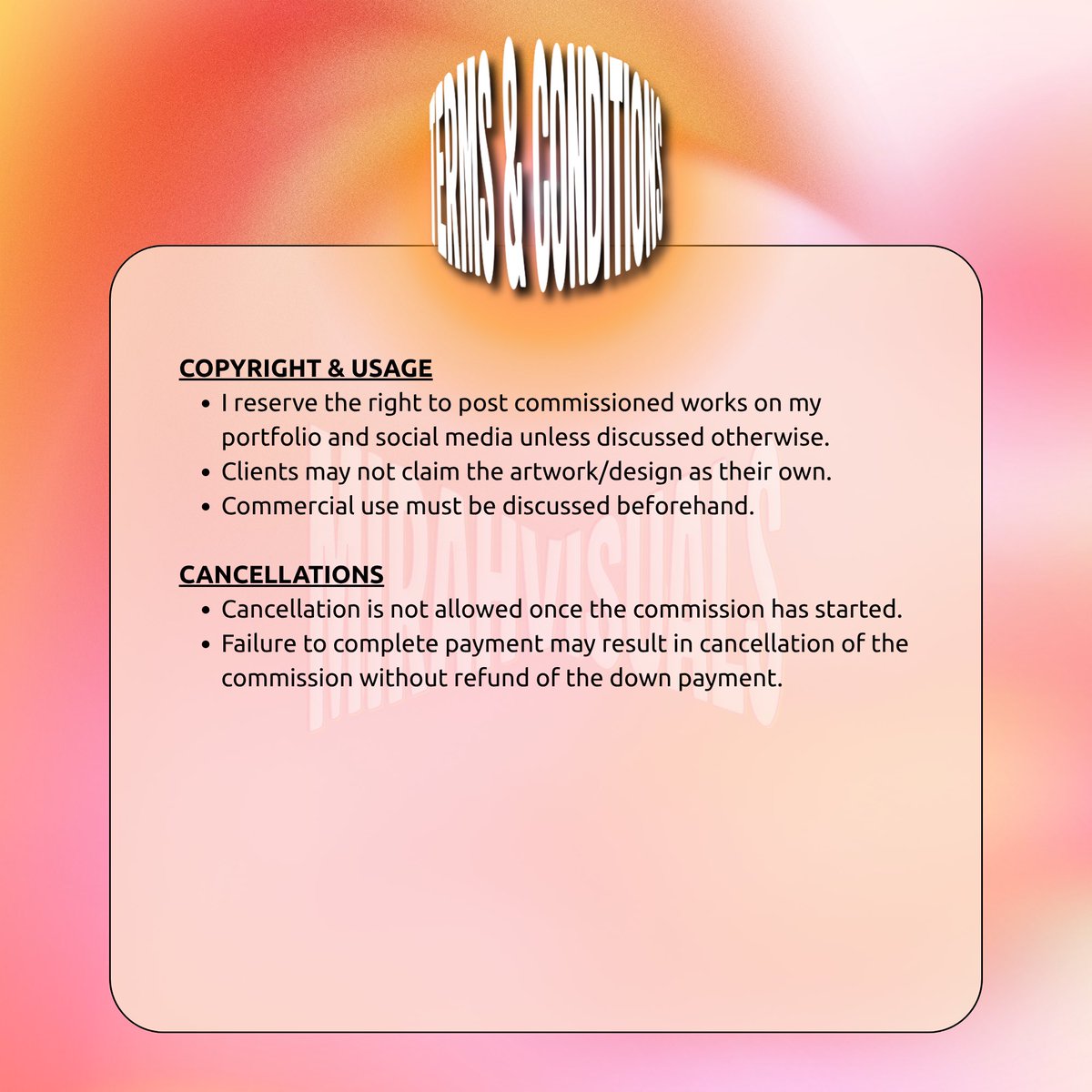 mirahvisuals_'s tweet photo. ⋆｡˚✦ terms &amp; conditions ✦˚｡⋆ please make sure to read before commissioning ♡ a 50% down payment is required to start
prices may change depending on complexity ✿
 by commissioning, you agree to all terms stated ♡
✧ for inquiries, feel free to send a dm! https://t.co/9hMaNzrASn
