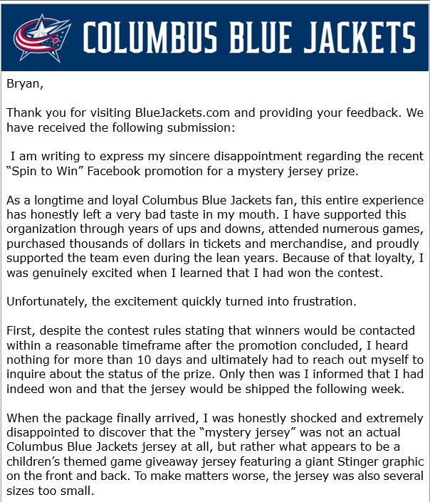 FantilliFanatic's tweet photo. You'd think the @BlueJacketsPR would want to keep a death grip on any fans that have stayed with them through YEARS of bad hockey, but alas, apparently not. Enjoy the short read. (by the way, I sent this 3 weeks ago and still no reply.) :( https://t.co/Jr1xNimviz