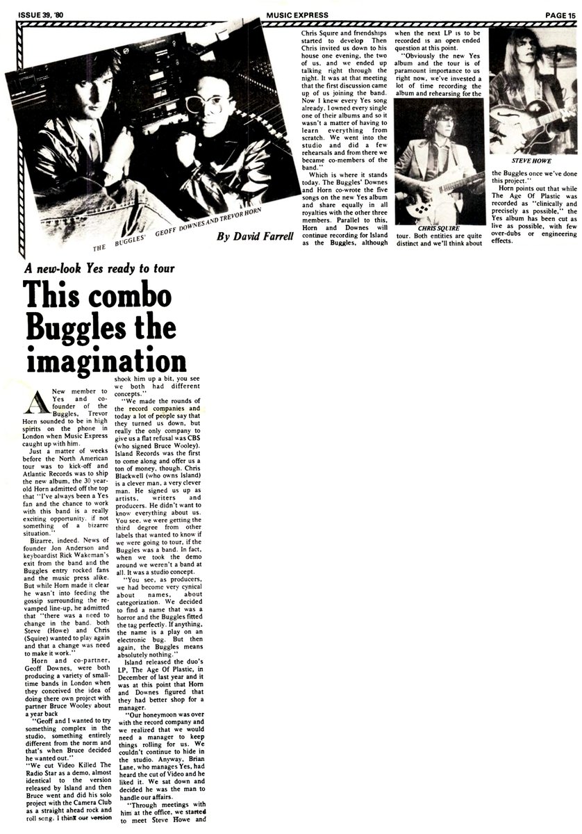 FYesterdays's tweet photo. "This combo Buggles the imagination"

David Farrell interviews Trevor Horn for Music Express, Vol. 4, No. 10, Issue #39 as The Buggles joins YES in 1980.

More at Forgotten Yesterdays: https://t.co/rs7gAwaX1h https://t.co/JSuOKVuqtB