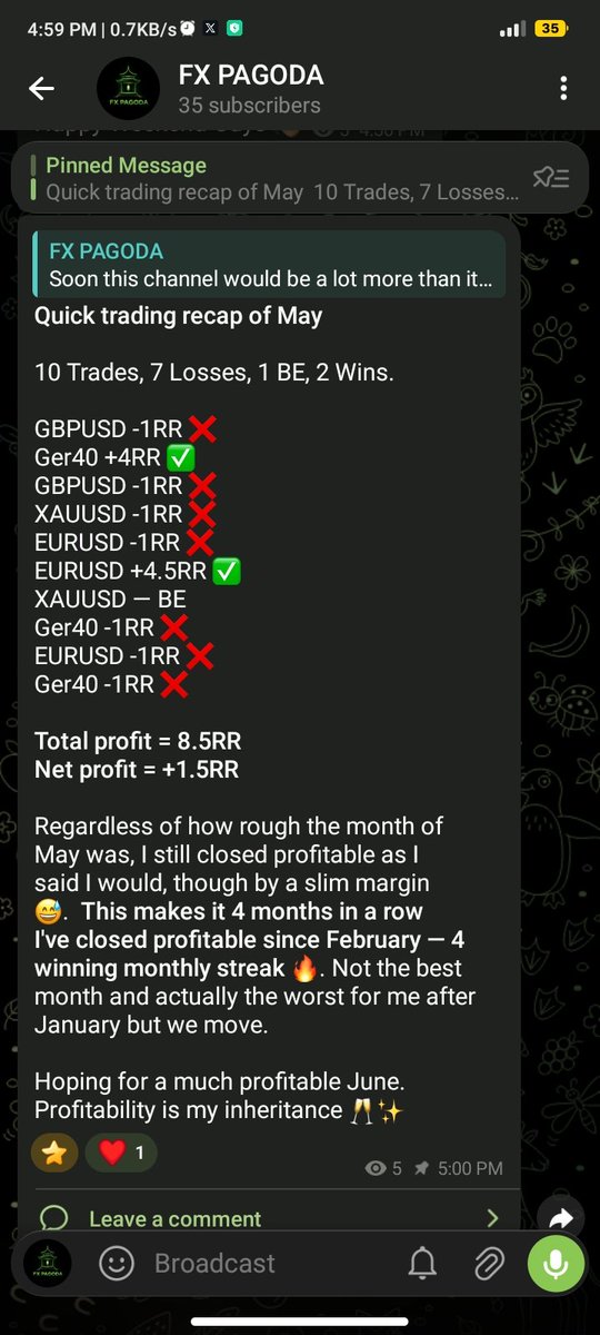DReal_Marshall's tweet photo. This month of May was one of the toughest month for me since the year began, second only to January. 

I was barely active on X this month due to much IRL activities but at the same time, I kept trading and dropping them on my Telegram channel. Irrespective of how bad the month was, I still closed profitable (by a slim margin 😅), making it 4 months in a row I've closed profitable.

I hope for the Month of June to be a far better one.

Profitability is my inheritance 🥂✨