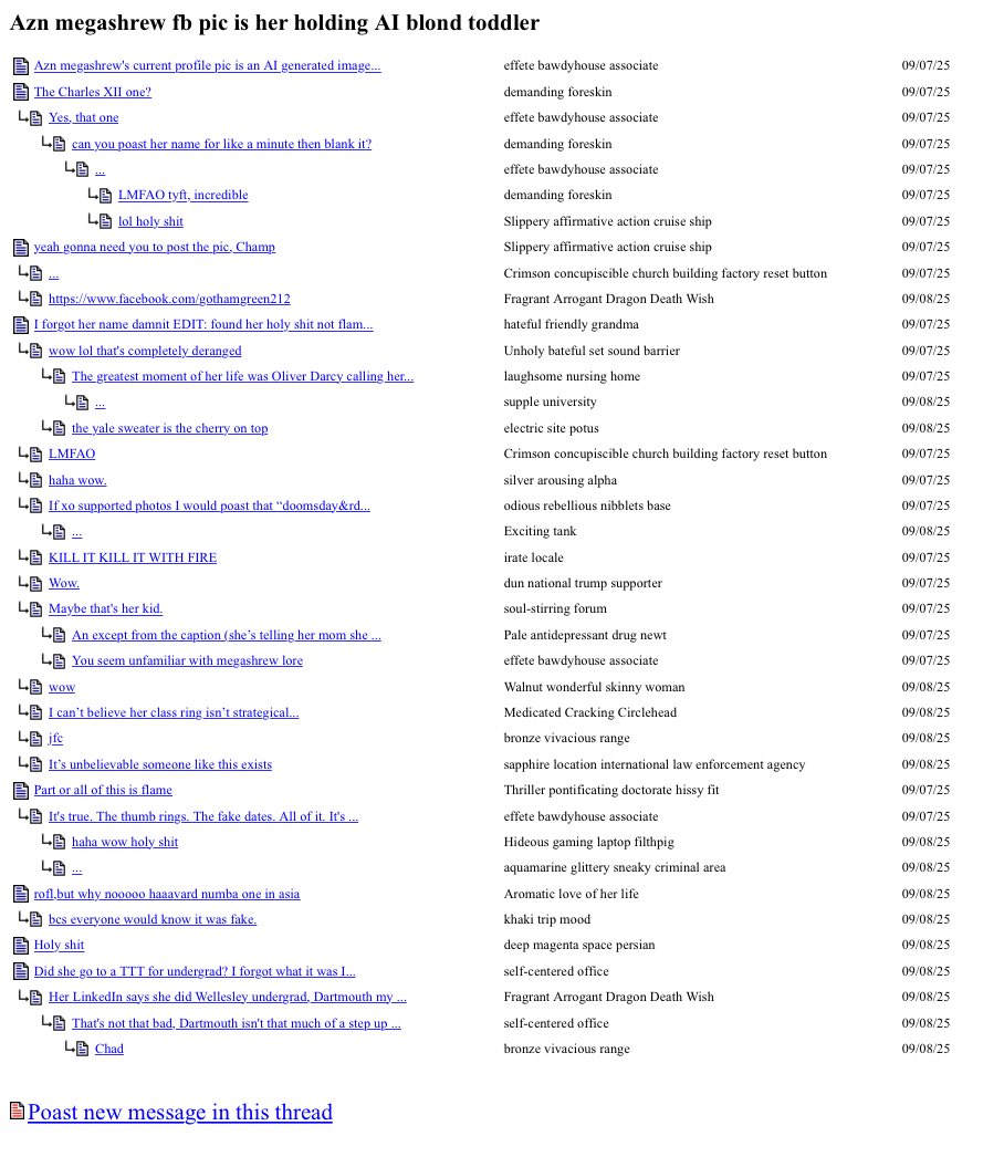 NihiloX's tweet photo. Blake Neff (@BlakeSNeff) started an AutoAdmit thread in 2015, titled “ITT I post the FB posts of Azn megashrew I’ve met.” 

The thread remained dormant for several years until, on September 7th, 2025, a new thread was created, and the old thread suddenly garnered considerable attention. 👀

Here’s the lore: For approximately five years, Blake fed this woman’s genuine dating and Instagram updates and photos to AutoAdmit.

Consequently, nearly 1,000 comments contained racist and sexist slurs and murder fantasies (e.g., “If CharlesPHD murdered this gook in cold blood… I’d acquit”).

CNN brought this to light in 2020, leading to Neff’s resignation from Tucker Carlson Tonight.

Interestingly, the thread was revived.

September 7, 2025:

• 12 PM ~ “Azn megashrew’s current profile pic is an AI generated image of her holding a blond haired blue eyed toddler wearing a Yale sweater. It’s so mentally ill I feel bad laughing at it.”

• 1 PM ~ Immediate follow-ups confirming the image (linked Imgur screenshot) and her real Facebook profile, plus discussion of her caption.

• 1 PM ~ “It’s true. The thumb rings. The fake dates. All of it. It’s all true.”

• 1–8 PM ~ Further posts tie it back to “megashrew lore” / CharlesXII, including the full caption excerpt: “I am not Mother material. & I have never been about that pregnancy lifestyle.”

September 8, 2025:

• 10 AM ~ Bump in the original 2015 thread linking to the revival thread and noting she’d now be “in her mid to late 30s.”

• 6AM - 12 PM ~ Continued mockery including “the Yale sweater is the cherry on top”, “I can’t believe her class ring isn’t strategically staged…”, and “KILL IT WITH FIRE”

Neff now produces The Charlie Kirk Show. The forum is 100% anonymous. 

Is Blake Neff posting under fresh handles in what has become a decade-long case of internet stalking and harassment while employed at Turning Point USA?! 👀