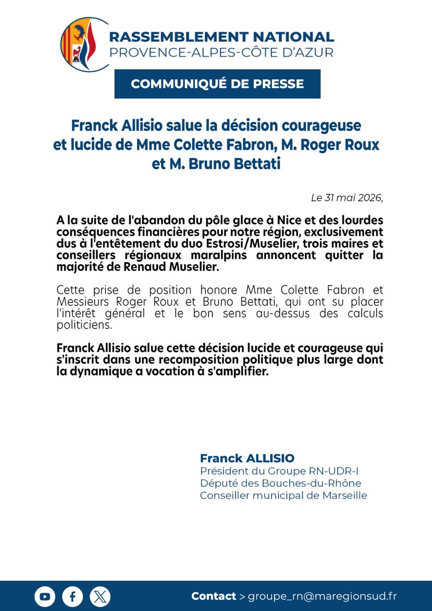 rn_paca's tweet photo. Le fiasco du pôle glace de Nice continue de produire ses effets.

Trois maires et conseillers régionaux quittent la majorité de Renaud Muselier, refusant de cautionner davantage les conséquences de son entêtement.

Une décision courageuse et lucide saluée par @franckallisio. ⤵️ https://t.co/8oeP8iAUeC