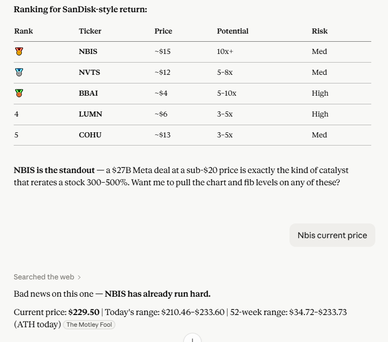 SannahSwift's tweet photo. What a gimmick Claude ai is, providing advice when it still gave the assumption that NBIS is a $15 stock. Had to be corrected. Will take LLM advice with a pinch of salt next time https://t.co/Nyd51IkAj3