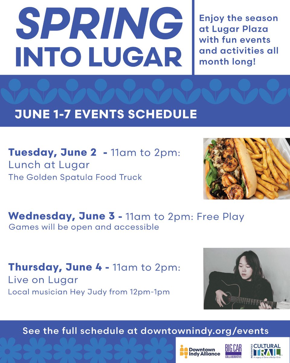 IndyDT's tweet photo. One more week of Spring Into Lugar is planned just for you👇  

Tuesday: Golden Spatula 🍔 
Thursday: Hey Judy ☁️ 

Plus, Game Day Beats presented by @Hot1009indy is back Thursday with DJ Reddy Rock before the @IndianaFever tip-off 🏀🎶 

@bigcar + @INCulturalTrail https://t.co/BPd4wo3lzR
