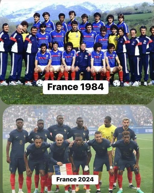 MarioNawfal's tweet photo. 🇫🇷 France 1984 vs France 2024 

Convince me that the "Great Replacement" is just a far-right conspiracy theory... 

Open borders and failed multiculturalism didn't just change the team, they changed the country. https://t.co/fpttlTCARF