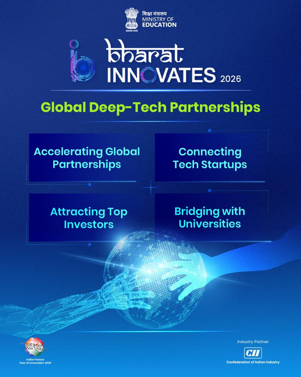 FollowCII's tweet photo. Bharat Innovates 2026 will serve as a platform for fostering global deeptech partnerships by bringing together startups, investors, industry leaders, research institutions, and universities from across the world.

By creating meaningful connections across the innovation ecosystem, Bharat Innovates 2026 will help drive the commercialization and global adoption of transformative technologies that shape the future.

14–16 June, 2026📍Nice, France

@PMOIndia @BharatInnov2026 @EduMinOfIndia @dpradhanbjp @IndiaDST @AICTE_INDIA @IndiaembFrance @FranceinIndia @CGIMarseille @cii4education @PrinSciAdvGoI @iitbombay 

#BharatInnovates2026 #BharatInnovates #DeepTech #Innovation #IndianStartups #MedTech #HealthcareInnovation #DigitalHealth #FutureOfHealthcare #DeepTechIndia