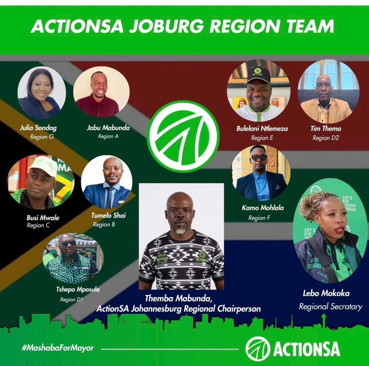 HermanMashaba's tweet photo. Meet the @Action4SA Joburg Regional Team! Led by Regional Chair Themba Mabunda and Regional Secretary Lebo Mokoka, with Regional Convenors from across the city, this is the team taking the fight for a cleaner, safer and better Joburg across Communities. 

#OperationFixJoburg https://t.co/P7vXe32dVu