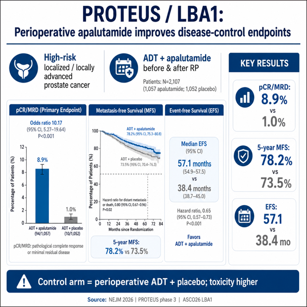nataliagandur's tweet photo. #ASCO26 GU highlight 🚨
LBA1 PROTEUS
Perioperative apalutamide + ADT in high-risk localized / locally advanced prostate cancer
@ASCO @OncoAlert @NEJM
Presented by @MaryEllenTaplin
Published in @NEJM 
https://t.co/0JWZmhn0df
This is a major perioperative prostate cancer dataset.

#PROTEUS tested 6 cycles of neoadjuvant + 6 cycles of adjuvant apalutamide added to ADT around radical prostatectomy.
Key results:

• pCR / minimal residual disease: 8.9% vs 1.0%
• 5-year metastasis-free survival: 78.2% vs 73.5%
• HR for distant metastasis or death: 0.80
• Event-free survival: 57.1 vs 38.4 months
• Time to first subsequent therapy: 74.2 vs 41.5 months

Why it matters:
For years, systemic perioperative intensification around prostatectomy has been difficult to establish in high-risk localized prostate cancer.

PROTEUS gives phase 3 evidence that deeper androgen-receptor pathway inhibition can improve pathologic response and delay clinically relevant recurrence events.
Important caveats:
This was not surgery alone vs systemic therapy.
The control arm received perioperative ADT + placebo.
MFS by conventional imaging alone was not significantly different.
Grade 3/4 AEs were higher with apalutamide, largely driven by rash.
My take:
This is practice-informing and potentially paradigm-shaping, but implementation will require careful patient selection, toxicity counseling, imaging context, and multidisciplinary discussion.
@EAntonarakis @DanaFarber_GU  
@DrChoueiri @montypal @tompowles1 @brian_rini @PGrivasMDPhD @DrRanaMcKay @AliciaMorgans @amerseburger @NealShoreMD @DrYukselUrun @BraunMDPhD @DrSpratticus @EAntonarakis @KOSJ12 @LoebStacy @apolo_andrea @AndreaNecchi @DrDanielHeng @neerajaiims 
 @OncLive @TargetedOnc @CancerNetwrk @ASCOPost @VJOncology @ecancer
#ProstateCancer #GUonc #Oncology