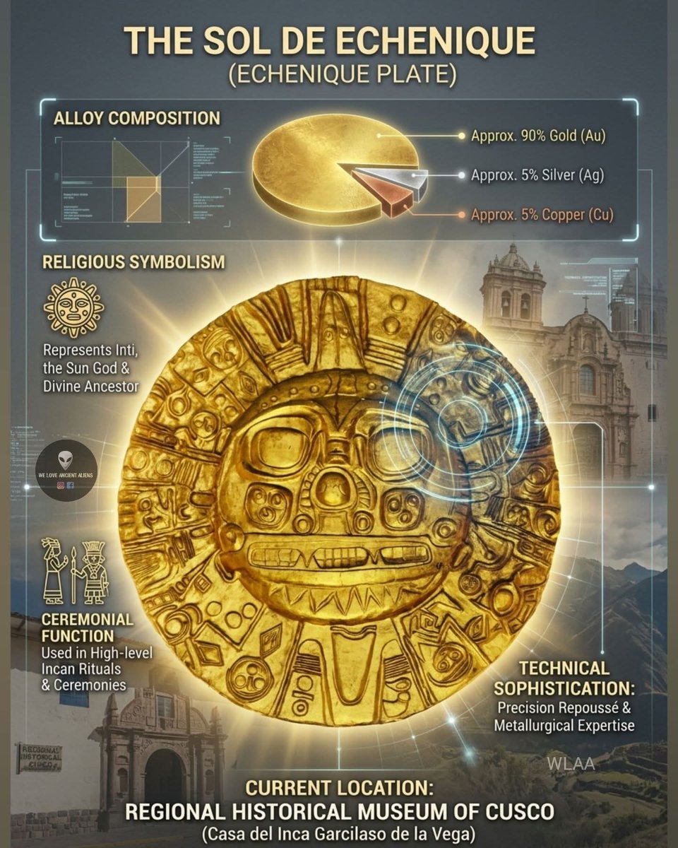 EDICIONESREGION's tweet photo. El Sol de Echenique (Plato de Echenique) es un objeto ceremonial inca de fina elaboración que representa a Inti, el dios sol y una de las deidades más veneradas de la religión inca, considerado el ancestro divino del linaje inca.
Hecho de una aleación de alta pureza compuesta aproximadamente por un 90 % de oro, un 5 % de plata y un 5 % de cobre, el plato refleja tanto la sofisticación técnica como la importancia simbólica de los metales preciosos en la cultura andina. Actualmente se conserva en el Museo Histórico Regional de Cusco, ubicado en la Casa del Inca Garcilaso de la Vega, donde permanece como un importante ejemplo del arte ritual y el simbolismo religioso inca.

We Love Ancient Aliens
