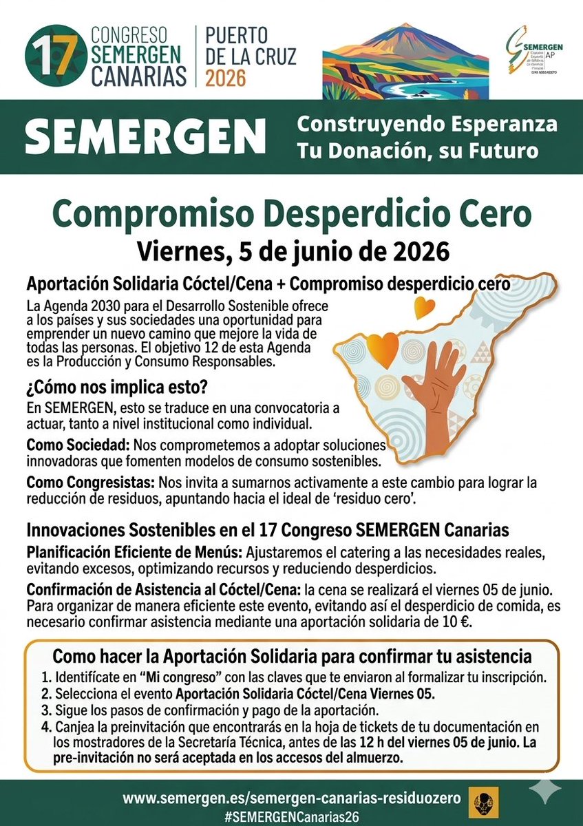 SemergenCan's tweet photo. ¡Atención congresistas! 
Cena Solidaria de Clausura del XVII Congreso SEMERGEN Canarias: solidaridad y compromiso con la reducción del desperdicio alimentario. Un paso más hacia eventos responsables. Infórmate y confirma tu asistencia.
#SEMERGENCanarias26 @SEMERGENap https://t.co/HwM3U2EE7H