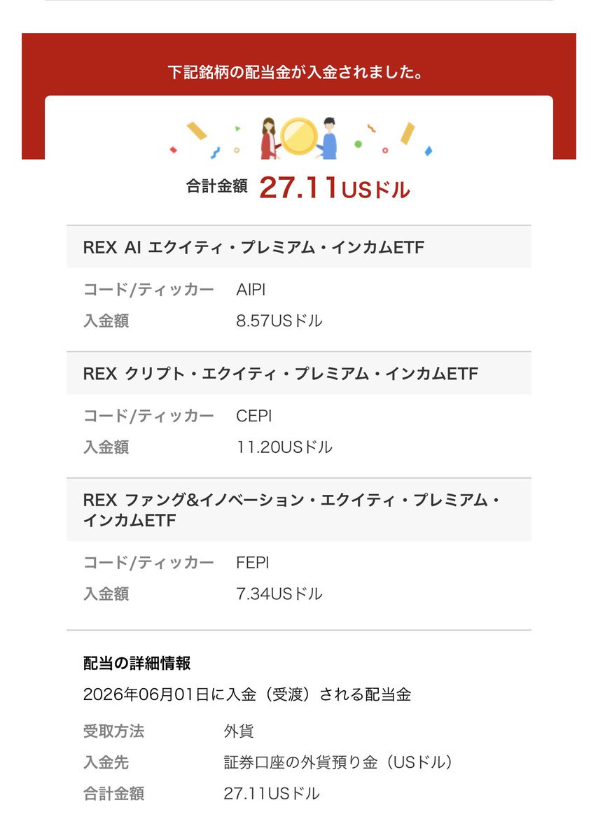 KatchamaFairLog's tweet photo. 【米国株式】配当金の入金をお知らせします

#かっちゃまAIPI #かっちゃまCEPI #かっちゃまFEPI #楽天証券 #米国株 #配当金 #AIPI #CEPI #FEPI https://t.co/CC06IAqRz6