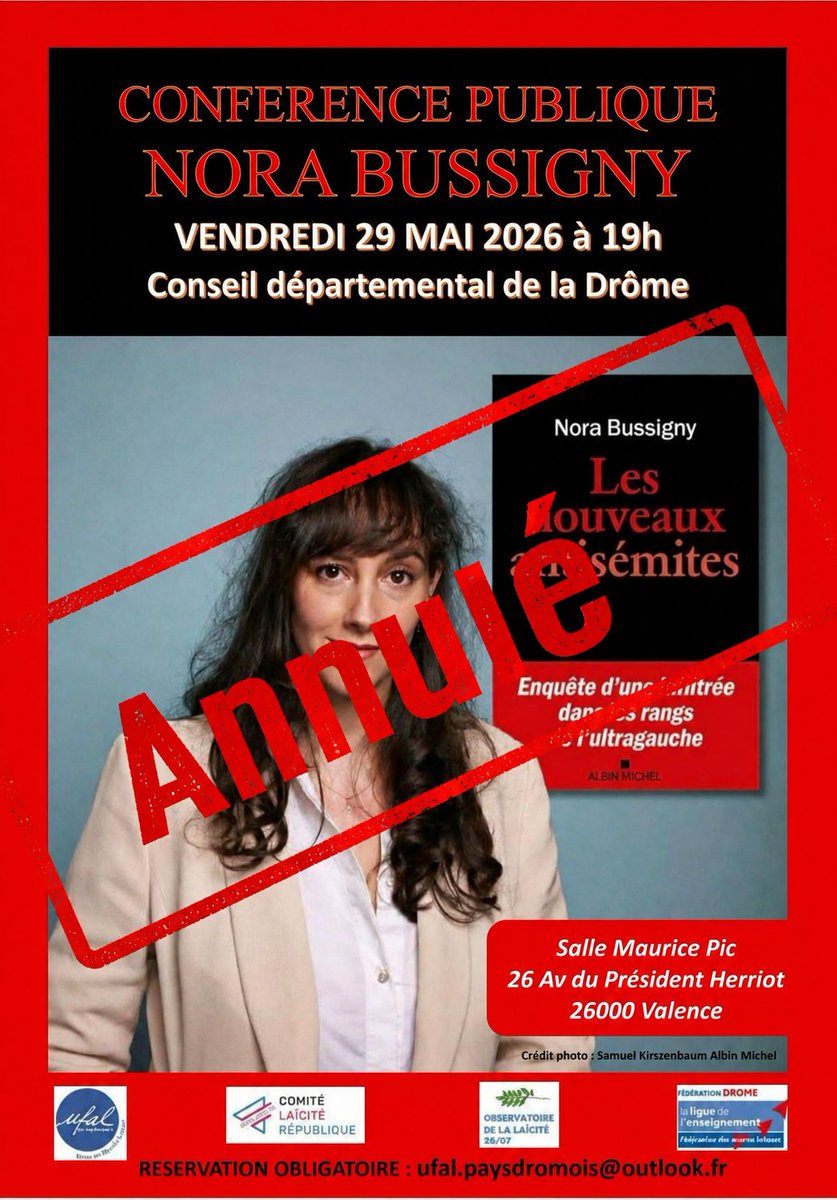 CGaudray's tweet photo. L’ @Ufal_org  apporte son soutien à l’UFAL du Pays Drômois et aux organisateurs de la conférence annulée de @NoraBussigny 
https://t.co/feJDKurnYC https://t.co/NifoEVJwMv