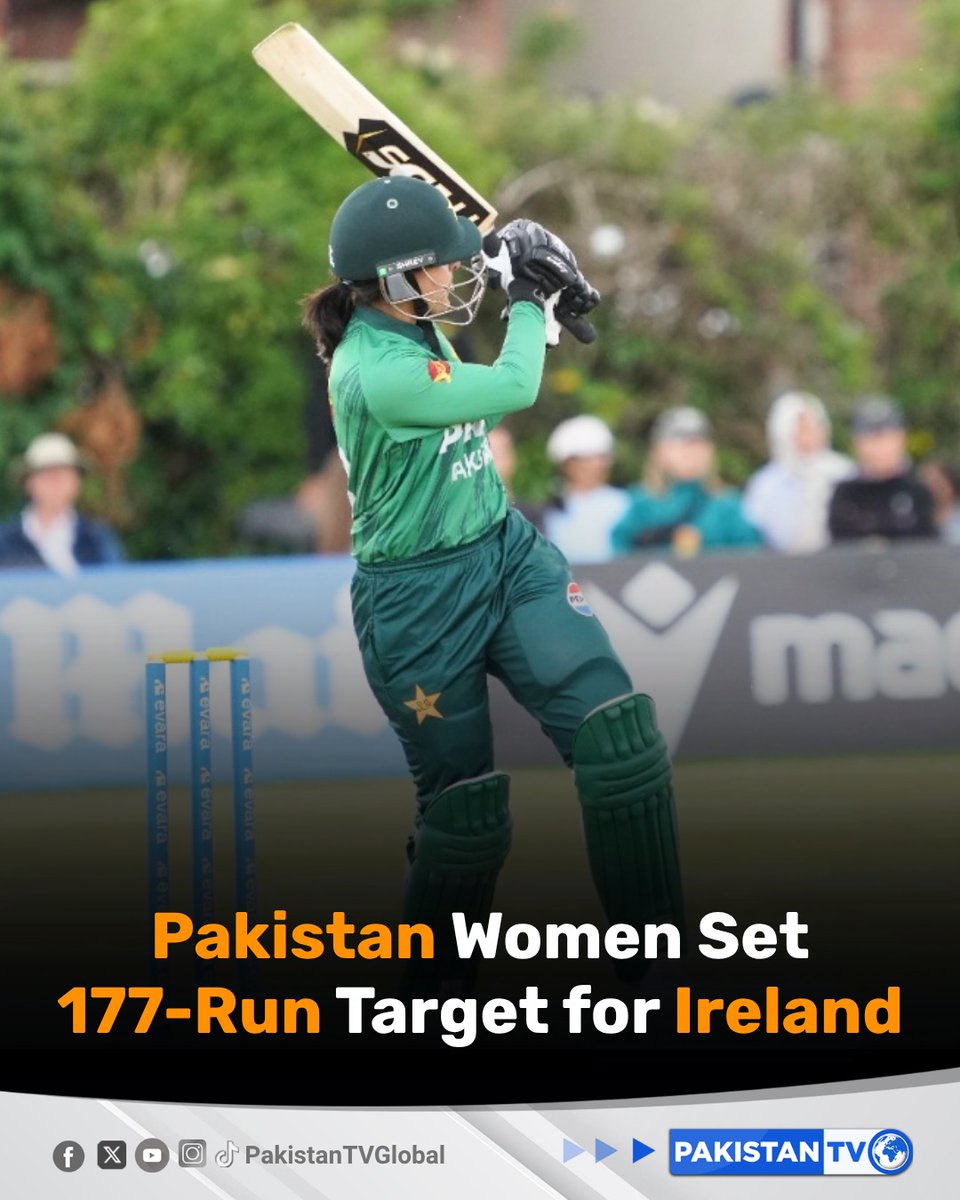 PakTVGlobal's tweet photo. Pakistan Women posted 176 runs, setting Ireland Women a target of 177 in their latest encounter. Muneeba Ali top-scored with 39 runs.

#PakistanWomen #IREvsPAK #Cricket #WomenInCricket #PakistanCricket #PakistanTV https://t.co/F4UJGemyWM