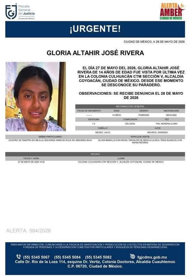 cdmx_diario's tweet photo. 🔴 #AlertaAmber para localizar a Gloria Altahir José Rivera, de 14 años, vista por última vez el pasado 27 de mayo en la colonia Culhuacán CTM Sección V, alcaldía #Coyoacán #CDMX https://t.co/SPgA0WH2rq