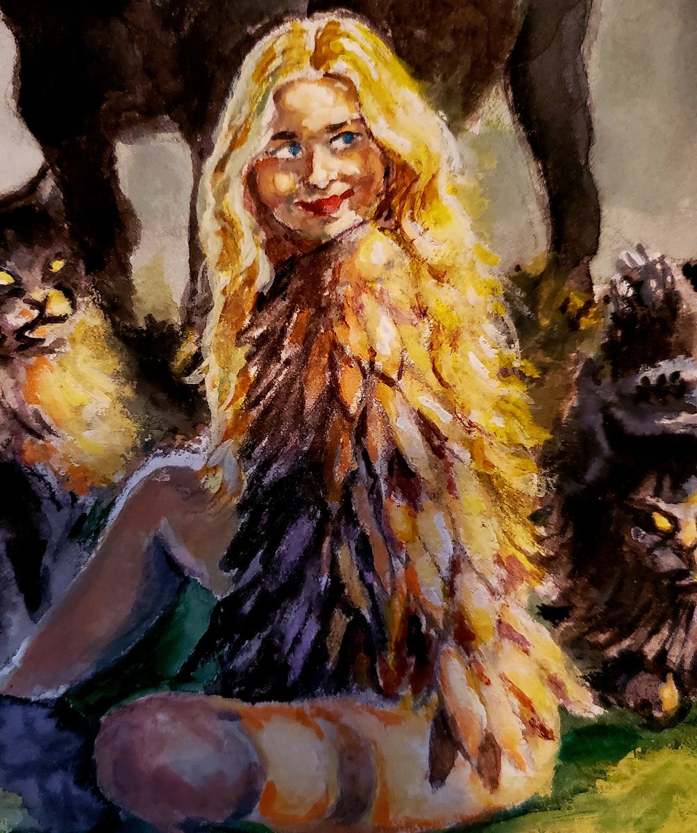 warriorbahn's tweet photo. Freyja and her loyal companions, watercolor. I may touch this one up more but would be best to repaint in oils in the future 🤔 https://t.co/Ei2HVzJN3E