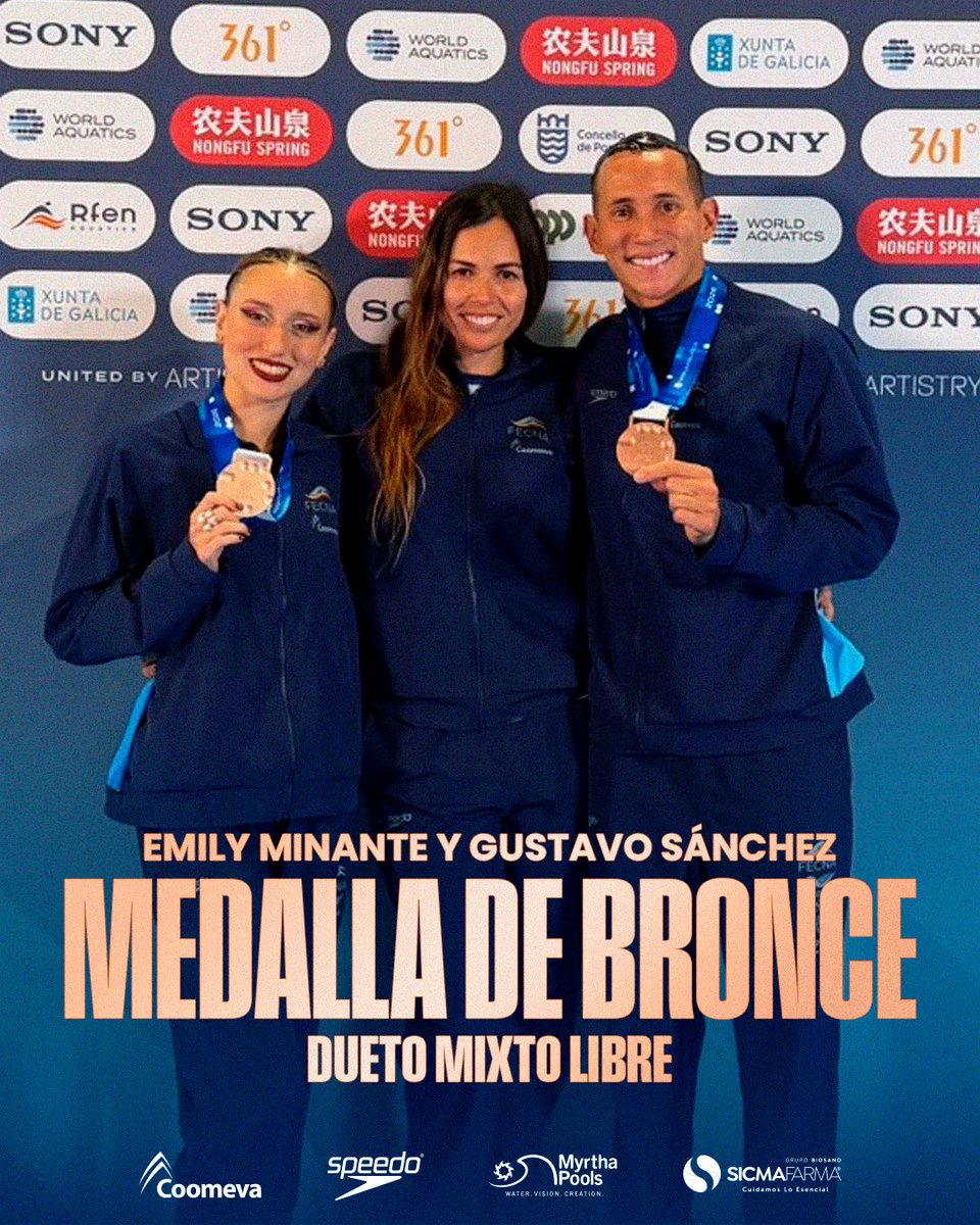 FECNA's tweet photo. ¡Medalla de bronce para Colombia! 🥉🇨🇴✨

Podio Dueto Mixto Libre 👇🏼
🥇 Gran Bretaña (259.5159)
🥈 Italia (249.4276))
🥉 Colombia (232.5392)

¡Felicitaciones Emily y Gustavo por un nuevo logro para la natación artística colombiana! 💛💙❤️ https://t.co/BUGF4JCU0x