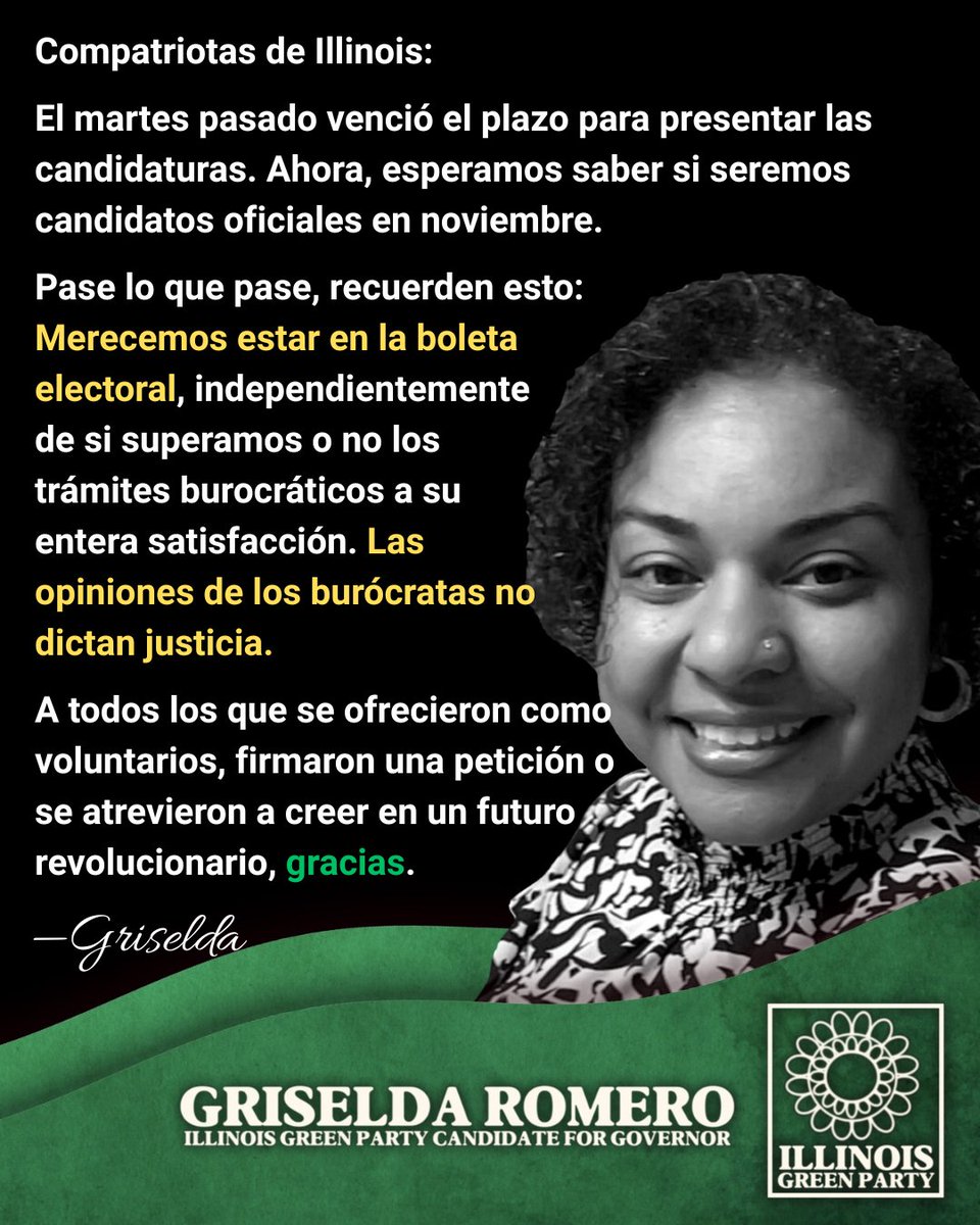 griselda4IL's tweet photo. Fellow Illinoisans,

Last Tuesday was the filing deadline. Now, we wait to see if we’ll be official candidates this November.
Whatever happens, remember this: We deserve to be on that ballot, whether or not we cleared the bureaucratic hurdles to their level of satisfaction. (1/2) https://t.co/ZF8KesWaN0