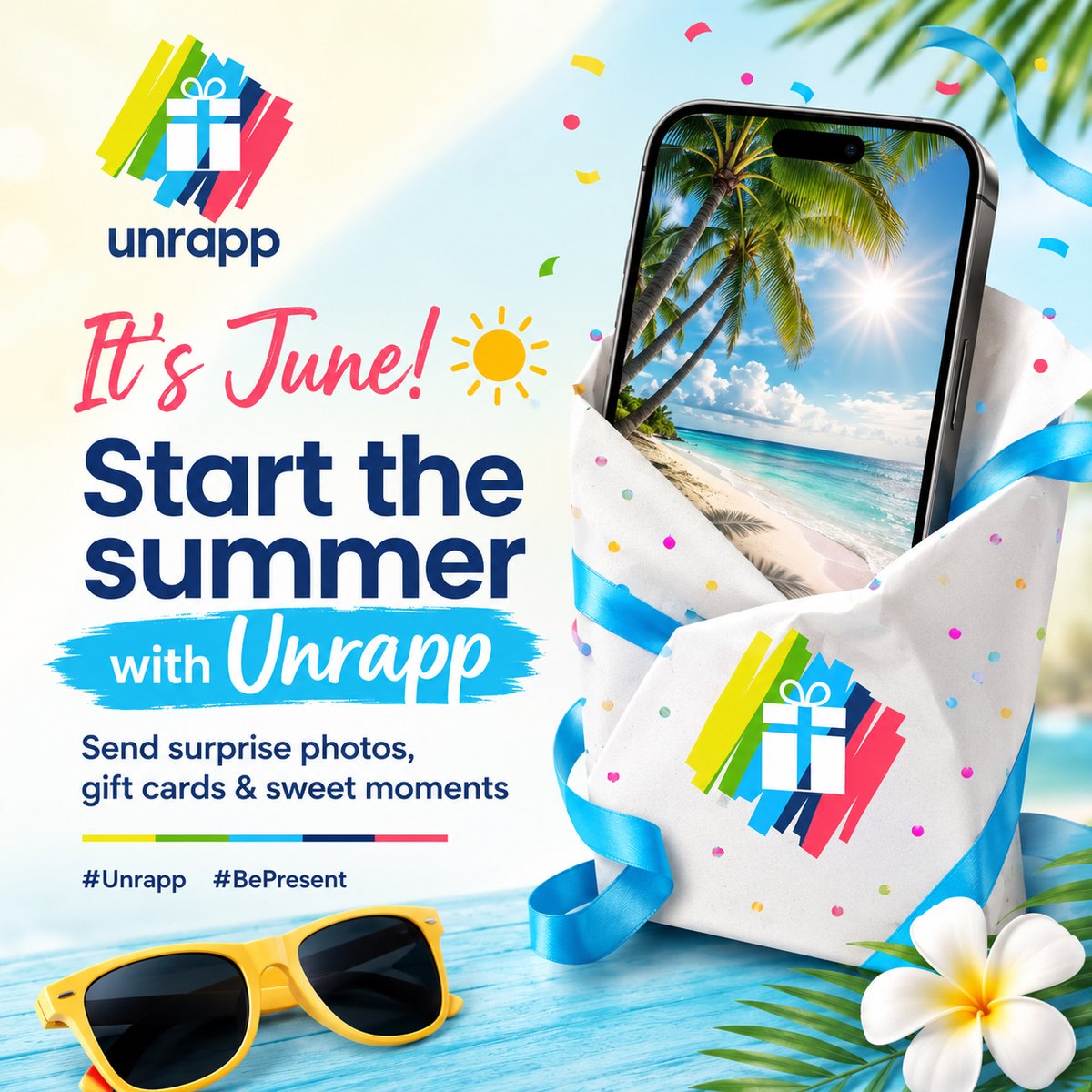 unrappHQ's tweet photo. It’s June ☀️🎁 Start the summer with Unrapp by sending summer moments to the people you love most. Make the memories even better by capturing their real reaction when they unveil it 📸💛
Download Unrapp and make every moment feel like a gift.

#Unrapp #BePresent https://t.co/1rQ2qHdCPL
