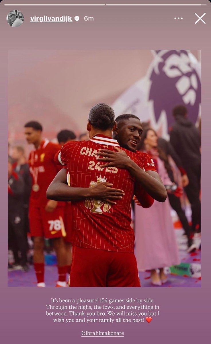 TheAnfieldBuzz's tweet photo. Virgil van Dijk on his Instagram with a message to Ibrahima Konate. ❤️ https://t.co/MpGh0kaEOq