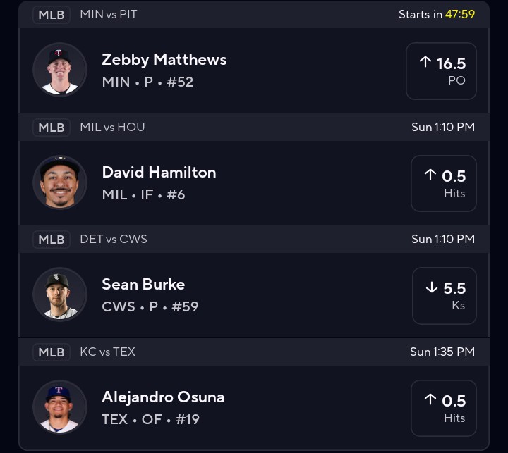 FredKicksProps's tweet photo. 🚨 MLB 4-MAN SLIP 🚨

💰 Zebby Matthews O16.5 Pitching Outs
💰 David Hamilton O0.5 Hits
💰 Sean Burke U5.5 Ks
💰 Alejandro Osuna O0.5 Hits

Let's cash today 🍀📈
#PrizePicks #BettingTwitter #GamblingTwitter #PlayerProps https://t.co/OBTFIGcNni