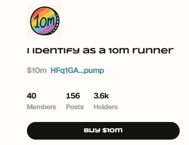 stitchdegen's tweet photo. $10M has been gaining a lot of attention on Solana recently, so let's break down a few key points

1. Where does the narrative come from?

The origin of $10M comes from a humorous tweet by @drunkd234 :

"I identify as a 10m/runner"

In degen terms, it basically means :

"I see myself as a runner capable of reaching a $10M market cap."

And it looks like @XScharo  is the developer behind this token

2. Why is this narrative getting attention?

What makes it interesting is that we haven't seen many real runners lately

Market volume has been relatively weak

Tokens capable of reaching a #10M market cap have become increasingly rare

Because of that, the $10M narrative resonates with what many degens are currently thinking :

- Everyone is looking for the next big runner
- Everyone wants a token that can bring liquidity back into the market
- Everyone is hoping for something that can shift the current meta

That's why I think the narrative is well-timed and relevant.

3. Things to keep in mind

While the narrative is solid, attention remains fairly limited at the moment

A few observations :

- Coin Community has only around 40 members
- Bundle rate is roughly 60%
- A large portion of the current momentum may still be driven by the dev team and early supporters

In other words, the story has potential, but it still needs broader community adoption to go further

4. What would it take for $10M to actually reach a $10M market cap?

As everyone knows, going from $1M to $10M is a completely different game

For that to happen, the token would likely need one or more major catalysts :

- A community that genuinely embraces and spreads the narrative
- Mentions from larger KOLs
- A Moonshot listing
- Listings on centralized exchanges

Unexpected news or catalysts that bring significant attention to the project

Without those factors, it could easily follow the path of many short-term runners :

Pump , lose attention , fade away

5. Technical perspective

$10M previously dipped to around a $230K market cap before bouncing back close to $1M

Because of that, I view :

- $230K as the major support level

- $350K–$400K as the key short-term support zone

If price revisits that area, it could be an interesting spot for a small gamble position

6. Final thoughts

My personal view :

- Fresh narrative that aligns well with current market sentiment.
- Easy-to-understand story that the community can rally around.
-  Attention from KOLs is still quite limited
- No major catalyst has appeared yet to justify a sustained move higher

For now, I see this as more of a speculative gamble than a long-term conviction play

Just my personal thoughts

DYOR and manage your risk accordingly

HFq1GAEfsFamEQYVccRemH37qWR1VgSJZPxdVGYVpump