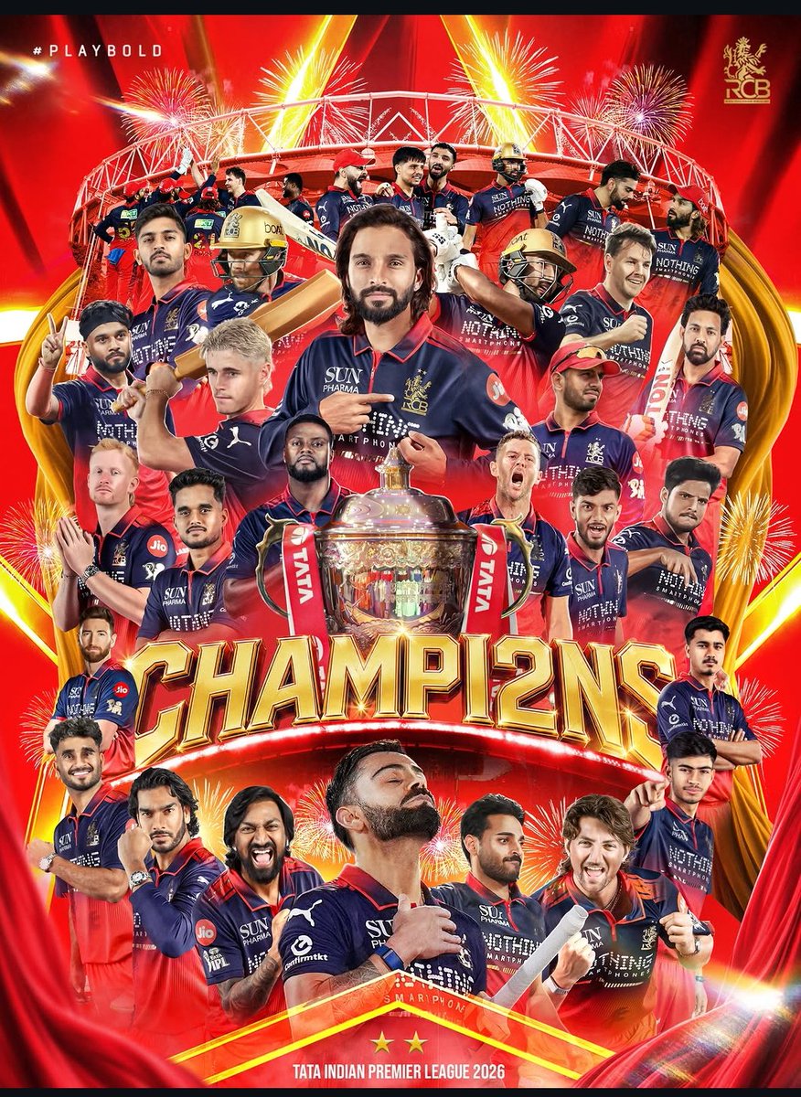 PulseOfSportss's tweet photo. 🏆🏆 BACK-TO-BACK CHAMPIONS!
Doubted. Challenged. Unstoppable.
RCB conquer IPL 2026 and make it two trophies in a row. A dynasty is born. ❤️🔥
#RCB #IPL2026 #BackToBack #EeSalaCupNamdu https://t.co/WZIUAElNfR
