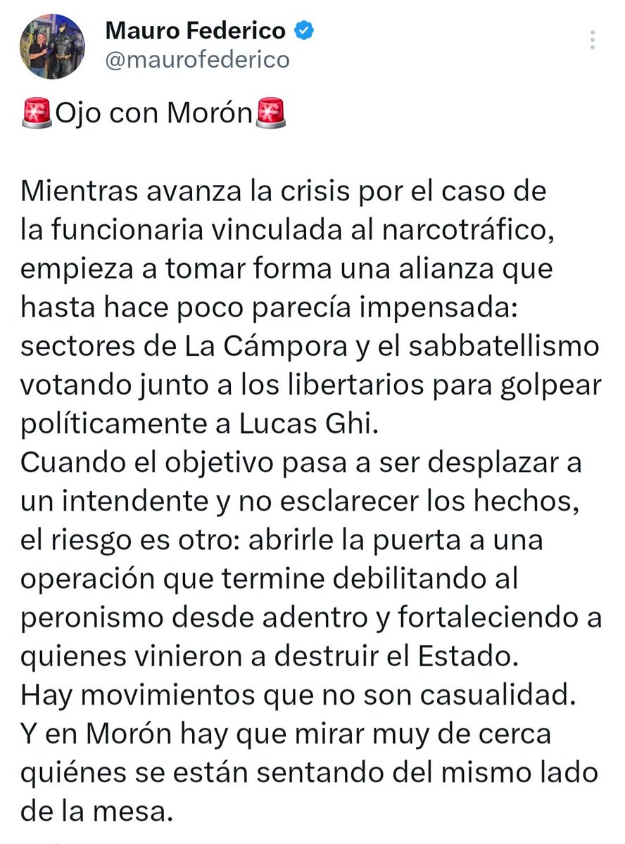 ArielFerAguilar's tweet photo. Lo que cuenta @maurofederico es lo que pasa en Morón.
Quieren destituir a un Intendente elegido por el pueblo por haber decidido acompañar a Axel. 
Por haber salido de la lógica del sumiso o traídor.
Morón no debe ser un ensayo de acuerdo de superestructura https://t.co/eb5WlqjjEv