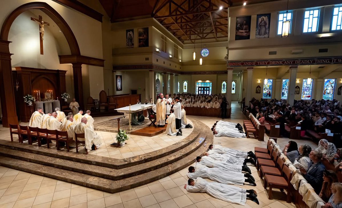 LiturgyGuy's tweet photo. Yesterday Charlotte ordained 10 men to the priesthood, a record high in the diocese’s 54 year history. Interestingly, 8 of the 10 ordained came from parishes directly impacted by Bishop Martin’s restrictions against the TLM and/or altar rail ban. Meanwhile, two of the mega parishes in Charlotte, both of which fit the liturgical style +Martin favors-including one with over 12,000 registered families-haven’t produced a priestly vocation since well before COVID. Will this vocations boom continue in the coming years under Bishop Martin?

[Photo credit: Catholic News Herald]