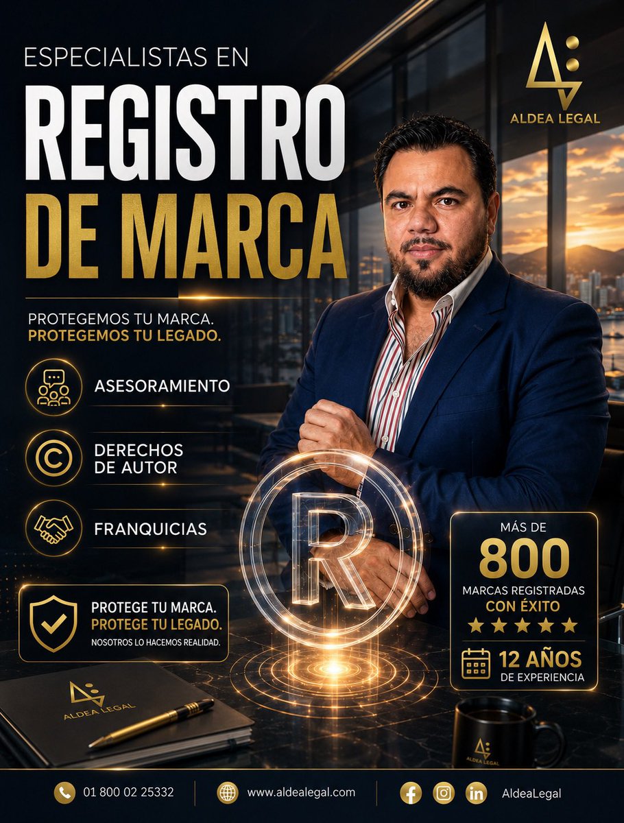 AldeaLegal's tweet photo. ®️ Tu marca es mucho más que un nombre… es el activo más valioso de tu negocio.

En Grupo Aldea llevamos más de 12 años protegiendo ideas, proyectos y sueños empresariales, con más de 800 marcas registradas con éxito.

��� Registro de Marca
✅ Derechos de Autor
✅ Franquicias https://t.co/W3SUB09x6v