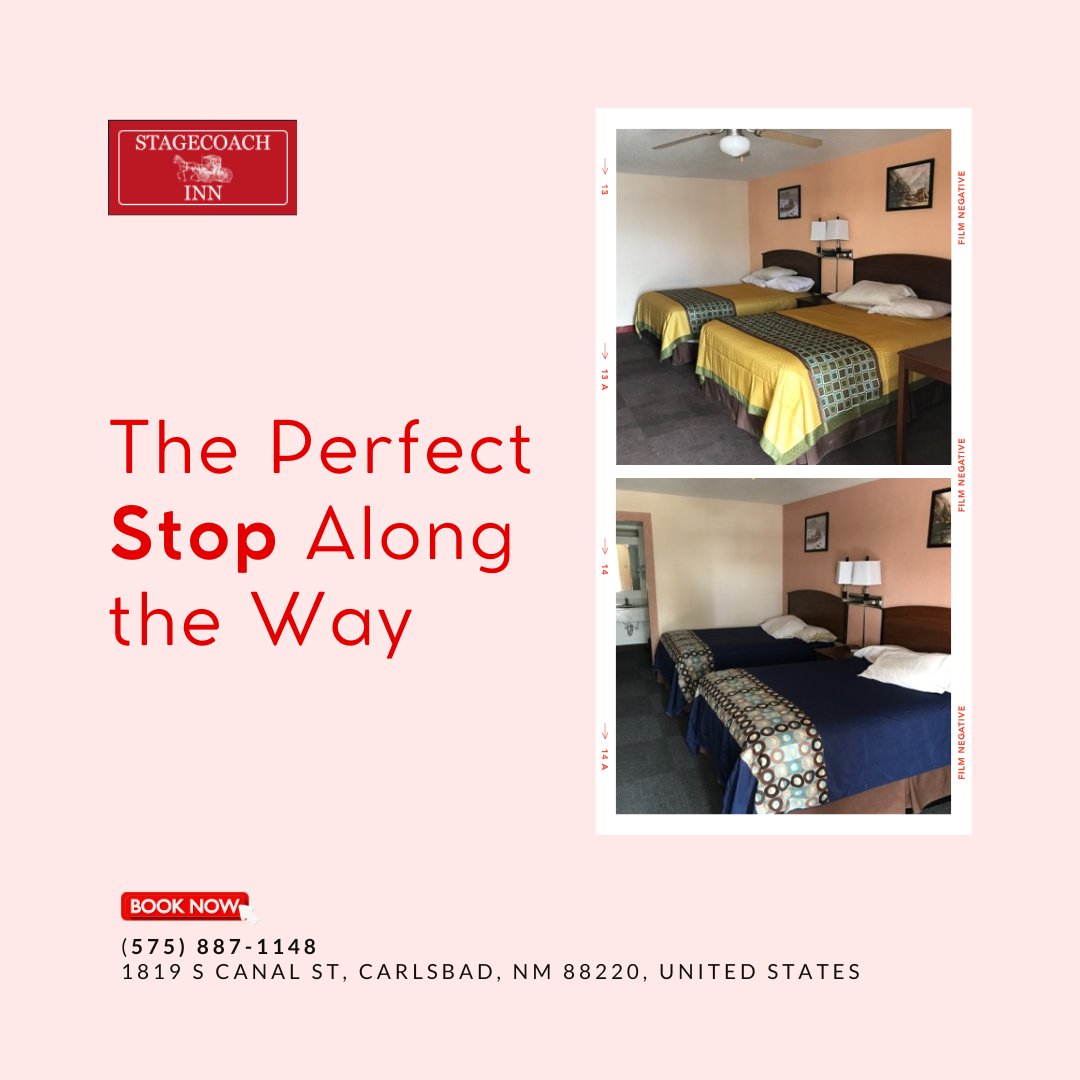 StageCoachInnNM's tweet photo. THE PERFECT STOP ALONG THE WAY 🚗✨
Take a break, recharge, and enjoy a comfortable stay in Carlsbad during your journey.

📞 (575) 887-1148
📍 1819 S Canal St, Carlsbad, NM 88220
BOOK NOW

#StagecoachInnCarlsbad #CarlsbadNM #RoadTripStop #CozyStay #TravelNewMexico https://t.co/0TC3GZqhqp