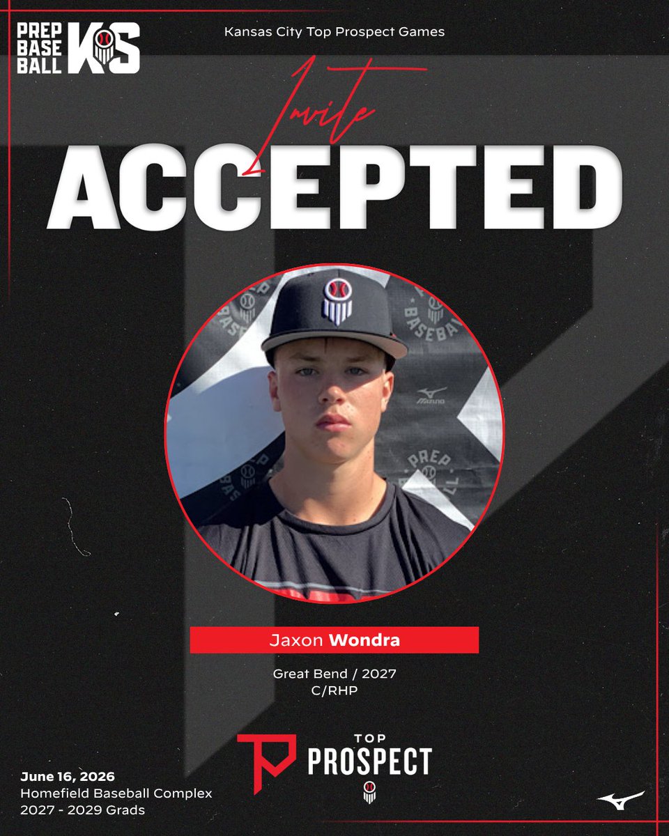 PrepBaseballKS's tweet photo. 𝙆𝙖𝙣𝙨𝙖𝙨 𝘾𝙞𝙩𝙮 𝙏𝙤𝙥 𝙋𝙧𝙤𝙨𝙥𝙚𝙘𝙩 𝙂𝙖𝙢𝙚𝙨: 𝙄𝙣𝙫𝙞𝙩𝙚 𝘼𝙘𝙘𝙚𝙥𝙩𝙚𝙙 ✅

'27 C/RHP Jaxon Wondra (Great Bend) is Locked In 🔐 for #KCTPG26

👤: https://t.co/EnMXbgYWd8

Event info 👉 https://t.co/XRZamw5UKT https://t.co/dQkrMkBLkt