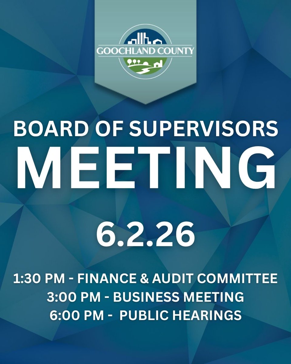 GoochlandGovtVA's tweet photo. The Goochland County Board of Supervisors will meet on Tuesday, June 2nd as follows:

1:30 PM - Audit &amp; Finance Committee Meeting
3:00 PM - Business Meeting
6:00 PM - Public Hearings

Agenda: https://t.co/PhIgGtY7jv https://t.co/I16s8IqyKX