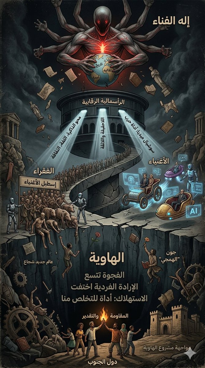 PersonTv60's tweet photo. #رسائل_شعبية_مصرية
#تحيا_مصر_تحيا_الانسانية
#ما_يقل_بعد
#في_العمق 
*"مشروع الهاوية: من إله الفناء إلى إسطبل الأغنياء"*

الرأسمالية الرقابية 

إذا كان الإله يعتمد على غريزة الفناء والافتراس للحفاظ على توازن البيئة ومن ثم الحياة، إذن فالإله غير رحيم، لذا نحن موجودون لكي نحمي أنفسنا من أن نتحول إلى فريسة لذلك.

تلك كانت وما زالت العقيدة التي يقرها الاخر!!.. لذا فنحن سنمحو التاريخ والتقاليد والتطرف لنقوم بإعادة التأهيل.. فإما أن تكون من المصلحين، أو متمرداً، أو من الناجين الهاربين الذين ينحصر بقاؤهم في الاعتماد على النفايات والأشياء المرفوضة والتالفة.

التحول يبدأ من السوشيال ميديا لتصبح أداة حرب .. الهدف أن نصل إلى اللاحقيقة واللاثقة.. والمطلوب محو الذاكرة، اللغة، والثقافة.

لذا دعني أقول: إذا كانت المعرفة الزائدة هي المرض العضال فأنَا أفضل أن أكون من الأغبياء، وإذا كان الغباء يجعلني وأنت أيضاً نفهم ما سنقرؤه معاً الآن فتلك نقمة وليست نعمة؛ لأننا إن لم نلتفت لهذا الكلام واهملناه رغم ما فيه من أهمية فإننا سنصبح خنازير هذا العصر!!

كما قال سابقاً ديفيد فروم وهو من كان يكتب خطابات بوش الابن: "علينا أن نجد إسطبلاً تكون فيه الخيول تروج للديمقراطية، والحمير تنفي عنا صفة المؤامرة، والخنازير تصدق الحمير".

لا بد أن ينتصر أحد لأن الكون سيلتهمنا إن لم نتخلص من نصف سكان الأرض.. ولقد نجحنا في طمس أو القضاء على أساتذة التاريخ بعد أن قرر الذكاء الاصطناعي أنهم سيئون أو خارجون عن القانون...لأن ما سيتم استغلاله ليس أجسادنا بل اهتماماتنا بعد إعادة تأهيلنا.

فيجب أن نعترف أن انتشار المشردين في المدن هو المحفز لارتفاع أسعار الأماكن الراقية..والذكاء الاصطناعي سيصل بنا إلى مرحلة تجعل هؤلاء الأغنياء لا يحتاجون إلى العمالة فسيقوم هو بكل شيء، هذا هو واقع ما يحدث لنا الآن..  و الأغنياء عليهم إرهاب كل من لا يرى ما يرون وبكل الوسائل.

لذا أتمنى أن نعي أن الإرادة الفردية قد اختفت، هذه هي حقيقة عالمنا الآن.. وأن العقبة ليست فيمن يسكنون دول الشمال (شعوب تلك المنطقة تم تجهيزها بالفعل للسقوط إلى الهاوية وهم الآن على قمة المنحنى)، المشكلة هم سكان دول الجنوب، وهم يكرهوننا لأننا لدينا القدرة على التدمير والاختلاق، لذا علينا تدميرهم لنكتب تاريخنا الذي سينجينا من بطش الإله غير الرحيم الذي يحولنا إلى فريسة لأجل الحفاظ على استمرار الحياة!!

فهل نسقط جميعاً إلى الهاوية؟

الاخطر هنا :
• أن الأغنياء يزدادون غنى والفقراء يزدادون عدداً و فقراً، الفجوة تتسع و الأغنياء يقررون ويعملون على صناعة موافقة لدى الإنسانية بأنهم يسعون إلى عالم أفضل ومستقبل أفضل لنا ولأولادنا.
• وأنه تم تغذيتنا بثقافة الاستهلاك ليقع كل ما ننفقه في جيوب الأغنياء، ليتحول بعد ذلك لأداة للتخلص منا.

المعنى .. الغريب أن تطور البشرية بدأ بالخيال، فلقد تخيلنا التنقل بسرعة فكانت السيارة، وتخيلنا الطيران فكانت الطائرة، وتخيلنا ركوب البحر فكانت السفن، وما نقوله الآن لم يعد خيالًا، فقد تحدث عنه أيضًا ألدوس هكسلي في كتابه "عالم جديد شجاع" أو "عالم شجاع" حسب الترجمة، وهذا الكتاب الصادر في 1932 يتحدث عن طمس العلاقات الإنسانية ورعاية الأجنة في مختبرات أو ملجأ وتقسيمهم إلى فئات من البشر، ثم يظهر علينا جون "الهمجي" أو المجنون الذي ينادي بالعودة إلى العلاقات الاجتماعية وتكوين الأسرة التقليدية من خلال العلاقات الطبيعية. اجمع بين هذه التصورات لتدرك أننا لسنا أمام خيال، بل أمام واقع يتم تنفيذه الآن.

في ظلمة الليل واجه العاصفة وقل "أنا الشمس".. نعم، شمس القيادة المصرية و أشقائها فى دول الجنوب كافة التي مازالت تتصدى لكل هذا❗️
