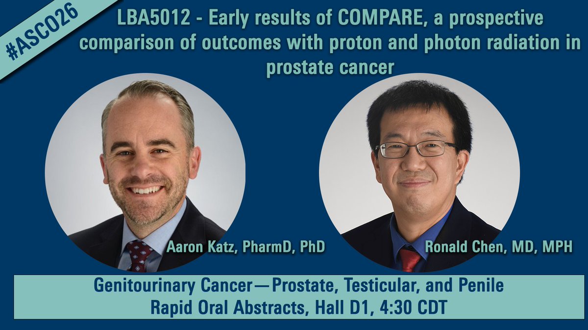 KUcancercenter's tweet photo. For #ASCO26 attendees: see “Early results of COMPARE, a prospective comparison of outcomes with proton and photon radiation in prostate cancer” as part of the Rapid Oral Abstract Session happening at 4:30pm in Hall D1. https://t.co/YaKAwjYELl
