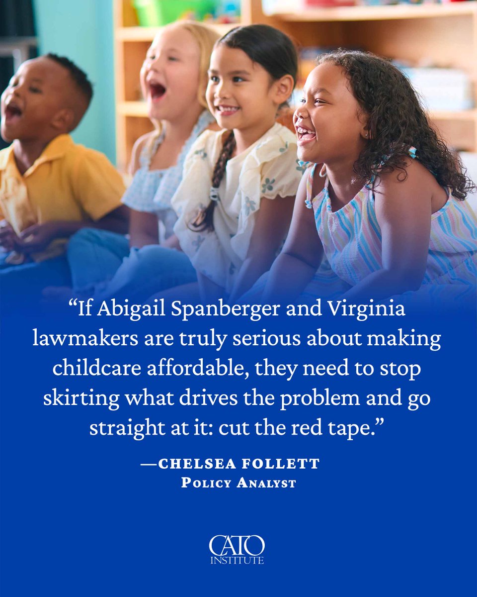 CatoInstitute's tweet photo. Virginia wants “affordable childcare.” But more subsidies without cutting red tape can push prices up, not down. @chellivia argues that childcare is already heavily regulated—focus on barriers to entry, not bigger checks.

https://t.co/VkzswhCRXa https://t.co/Mcjegh84pc