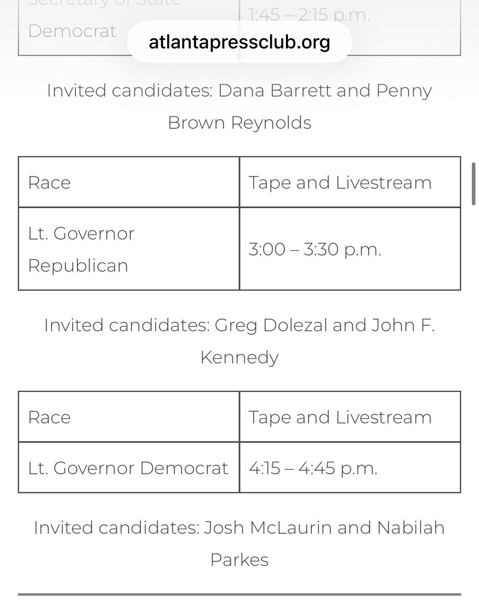 WhatmattersinG's tweet photo. 🚨 Atlanta Press Club Runoff Debate Schedule 🚨

- Election June 16 -

📍 Sunday, May 31
• 9:45 AM — PSC 5 GOP: Bobby Mehan vs Josh Tolbert
• 11:00 AM — SOS GOP: Tim Fleming vs Vernon Jones
• 12:45 PM — U.S. Senate GOP: Mike Collins vs Derek Dooley
• 1:45 PM — SOS DEM: Dana Barrett vs Penny Brown Reynolds
• 3:00 PM — Lt. Gov GOP: Greg Dolezal vs John F. Kennedy
• 4:15 PM — Lt. Gov DEM: Josh McLaurin vs Nabilah Parkes

📍 Monday, June 1
• 9:30 AM — State School Supt. GOP: Bubba Longgrear vs Richard Woods
• 10:45 AM — Labor Comm. DEM: Nikki Porcher vs Michi Sanchez
• 11:45 AM — Insurance Comm. DEM: Deandre Mathis vs Keisha Waites
• 1:30 PM — Governor GOP: Burt Jones vs Rick Jackson
• 2:45 PM — CD-1 DEM: Joyce Marie Griggs vs Amanda Hollowell
• 4:00 PM — GA-11 GOP: Rob Adkerson vs John Cowan
• 5:00 PM — Fulton Commission Chair: Mo Ivory vs Robb Pitts

Livestreams via Atlanta Press Club.

https://t.co/M8Lwihb7Qw

 WATCH:
https://t.co/slEEg3mIS9