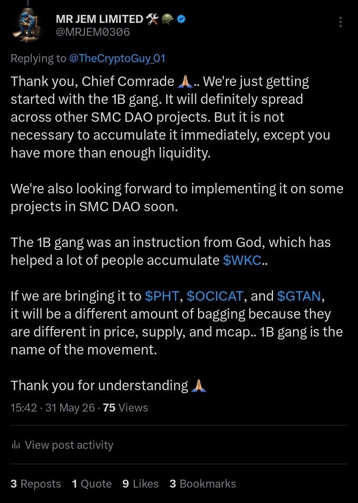 MRJEM0306's tweet photo. Pay attention to these images!!!

For proper clarification on this 1B gang movement. This movement is to position you properly ahead of the future of what is coming..

We understand the narrative started with $WKC, but it does not end in WKC only.. There are still other projects in SMC DAO ecosystems that we will soon venture into. 

Looking at the image, you will see the list of projects I mentioned.. That is how we also position in..

For example, if 1B $WKC is worth $63 with the current price, that $65 can get you a huge amount in $PHT, $GTAN, $OCICAT.... 

Soon, the revolution will be in other SMC DAO projects.

—1B Gang to the moon 🚀