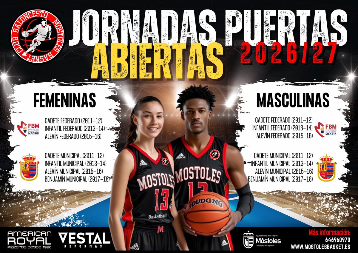 MostolesBasket's tweet photo. Jornadas Puertas Abiertas 2026/27

Sección masculina

Cadete
📅 M-J
🕢18:30 a 20:00
📍Pab. Amanecer

Infantil
📅 M-J
🕢18:30 a 20:00
📍Pab. Amanecer

Alevín
📅 L-X
🕢19:00 a 20:00
📍Pab. Benito Pérez Galdós/Pab. Amanecer

Benjamin
📅 M-J
🕢18:30 a 20:00
📍Pab. Amanecer

Ven. https://t.co/kgPjnydx9W