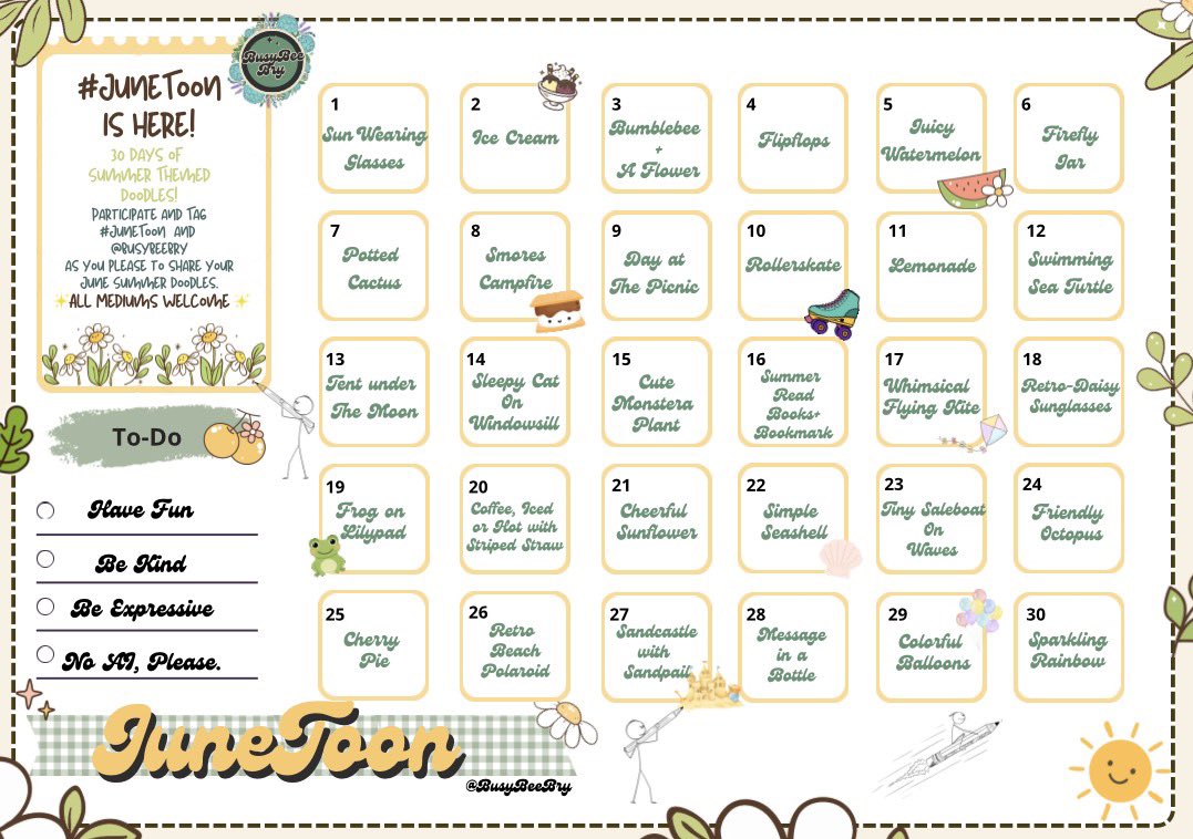 BusyBeeBry's tweet photo. Maybe you’ve heard of inktober, 
I’m introducing a new #JuneToon 
For our friends who want to get into or get back into drawing but need a place to start! Take this as far as you’d like but I’d love to see YOUR creations!! ✨

#JuneToonDrawings #BusyBeeBry #CozyCreator #DrawChallenge #ArtChallenge #ArtistsUnite 🫶🏻
