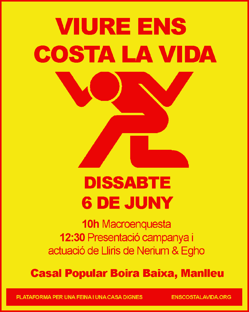 CasalBoiraBaixa's tweet photo. ✊🏾 Tret de sortida a la campanya "Ens costa la vida" a #Osona. Dissabte 6 de juny 🗓️

💬 10h | Inici de la macroenquesta popular a #Centelles, #Vic i #Manlleu.

🎤 12:30h | Acte central comarcal: presentació de la campanya i concert de Lliris de Nerium &amp; Egho al Boira Baixa. https://t.co/fPKEplJAHo