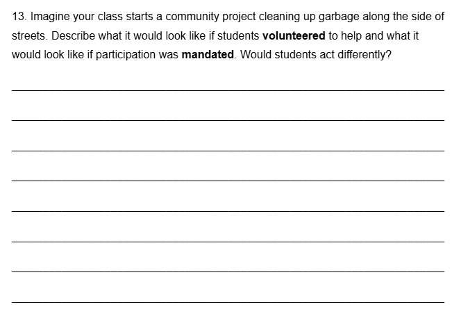 smorrisey's tweet photo. This is a nice question to ask after students previously learned the words volunteer and mandatory. It is not asking dictionary definitions. Rather it is making students think about the words volunteer and mandatory and how behavior would change based on if students volunteer or are mandated to work on a project. An added benefit is that students are differentiating between the two words as well. I expect students to use these two words or forms of the word in their answer.