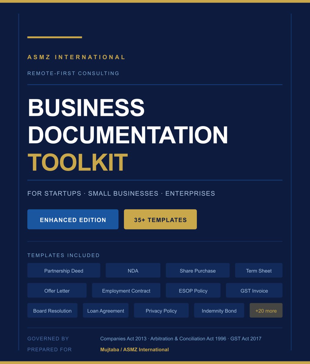 asmzintl's tweet photo. 🚀 Just launched: Business Documentation Toolkit

35+ India-specific legal templates — FREE

Every template has:
→ Step-by-step instructions
→ Pre-submission checklist
→ Companies Act 2013 compliant

DM me for the link 👇

#StartupIndia #LegalTemplates #Business #ASMZIntl https://t.co/Ckba4hF67z