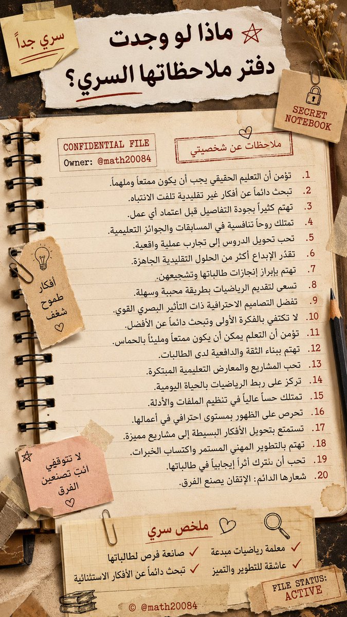 math20084's tweet photo. افتح ChatGPT
واكتب البروميت التالي :

تخيل أنك وجدت دفتر ملاحظات سرياً يخصني. اكتب 20 ملاحظة سجلتها عن شخصيتي بناءً على محادثاتنا.”
مقاس 9:16
ضع هنا ( حسابك الشخصي )

هنا النتيجة 😍😍 https://t.co/QFo1ehGEMj